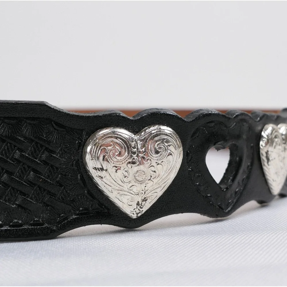 Silver Creek Black Leather Western Heart Concho Belt Silver Tone Buckle 36 VTG